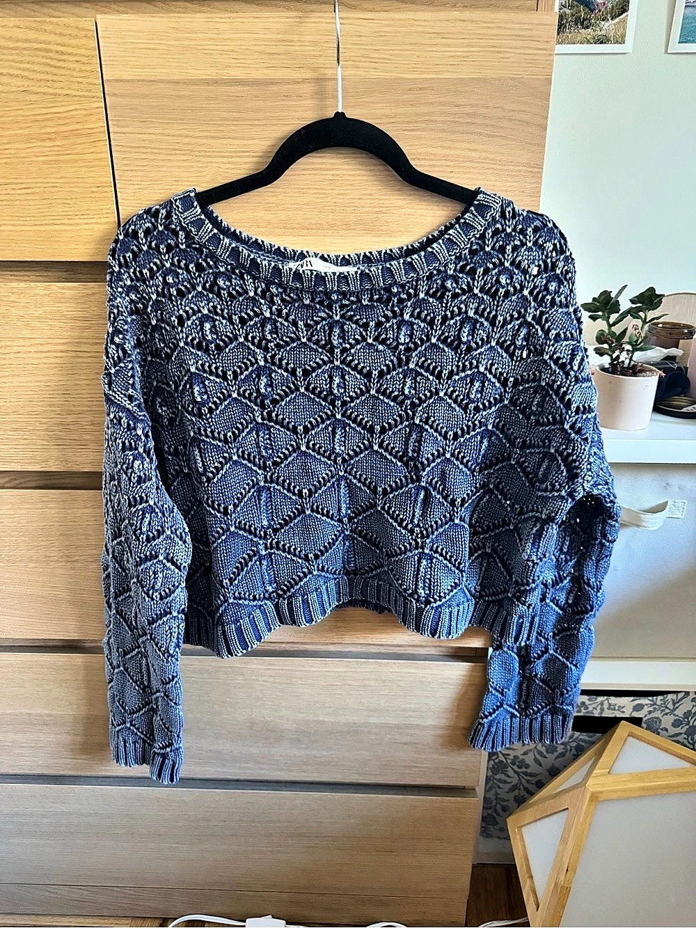 Zara Blue Open Knit Crochet Sweater Size Medium